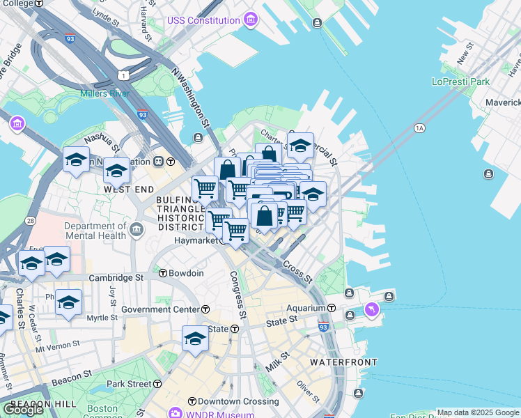 map of restaurants, bars, coffee shops, grocery stores, and more near 21 Cooper Street in Boston