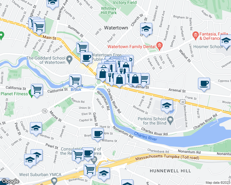 map of restaurants, bars, coffee shops, grocery stores, and more near 21 North Beacon Street in Watertown