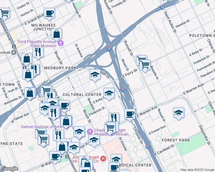 map of restaurants, bars, coffee shops, grocery stores, and more near 676 East Ferry Street in Detroit