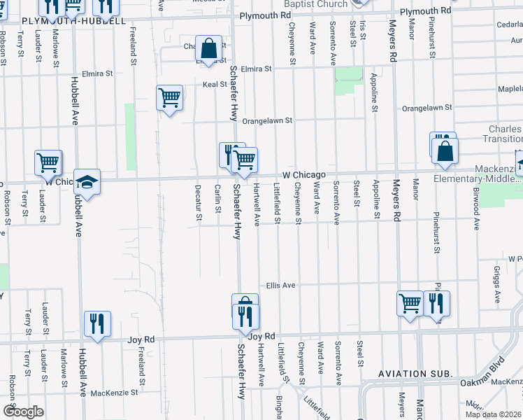 map of restaurants, bars, coffee shops, grocery stores, and more near 9353 Hartwell Avenue in Detroit