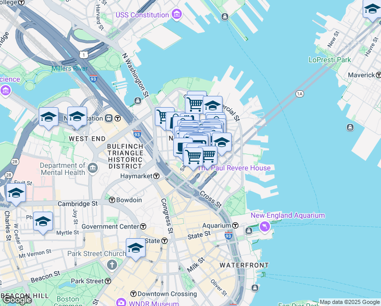 map of restaurants, bars, coffee shops, grocery stores, and more near 111 Salem Street in Boston