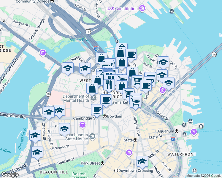 map of restaurants, bars, coffee shops, grocery stores, and more near 217-231 Friend Street in Boston