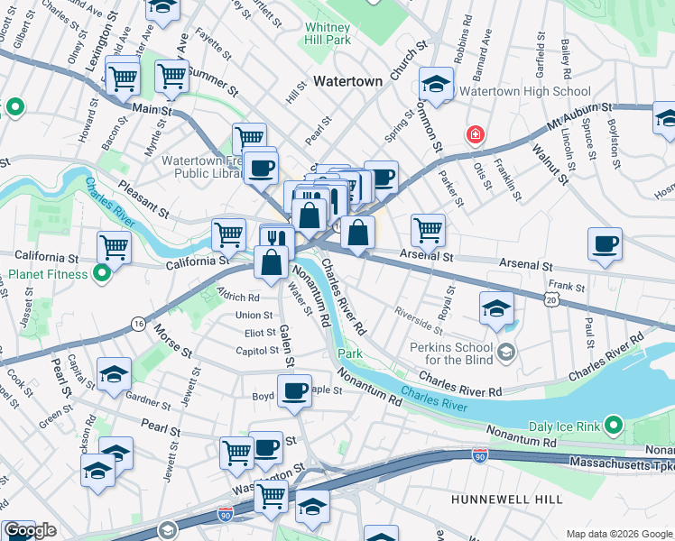 map of restaurants, bars, coffee shops, grocery stores, and more near 8 Riverside Street in Watertown