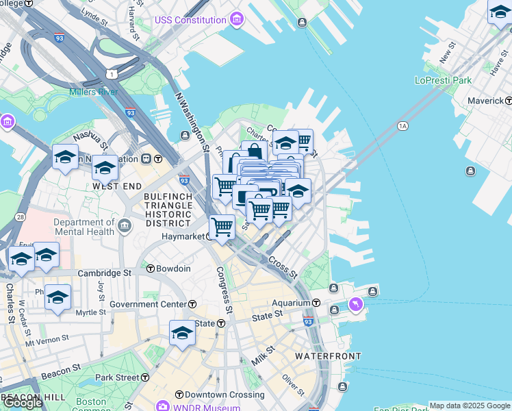 map of restaurants, bars, coffee shops, grocery stores, and more near in Boston