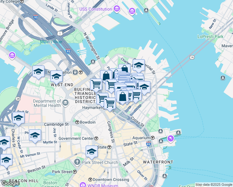 map of restaurants, bars, coffee shops, grocery stores, and more near 27 North Margin Street in Boston