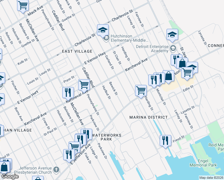 map of restaurants, bars, coffee shops, grocery stores, and more near 1561 Bewick Street in Detroit