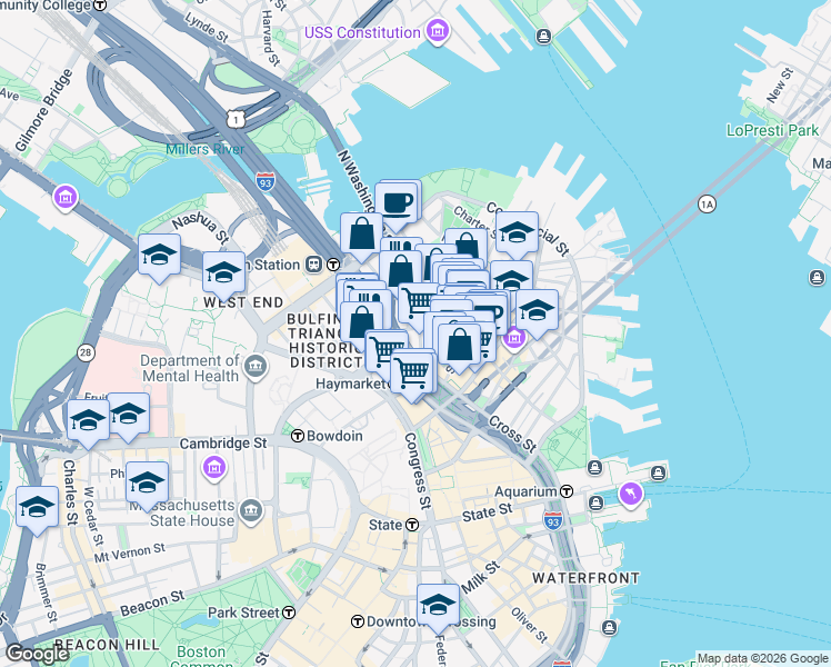 map of restaurants, bars, coffee shops, grocery stores, and more near 49 North Washington Street in Boston