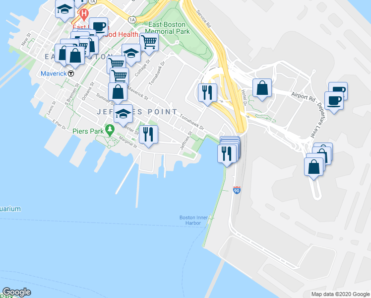 map of restaurants, bars, coffee shops, grocery stores, and more near 44 Jeffries Street in Boston