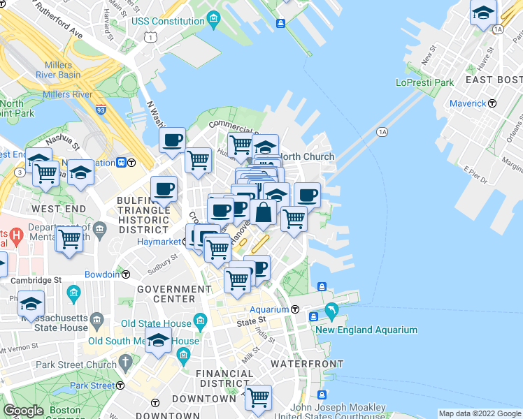 map of restaurants, bars, coffee shops, grocery stores, and more near 15-17 North Square in Boston
