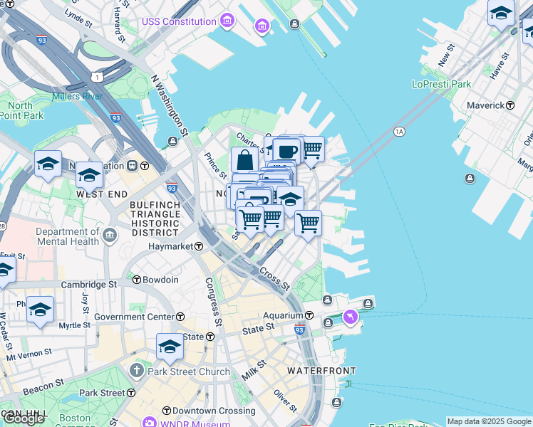 map of restaurants, bars, coffee shops, grocery stores, and more near 15-17 North Square in Boston