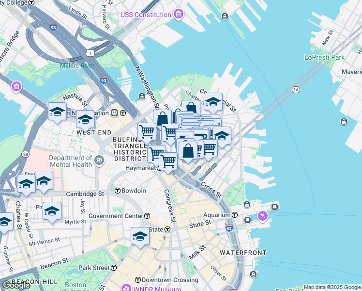 map of restaurants, bars, coffee shops, grocery stores, and more near 21 Cooper Street in Boston