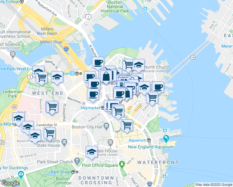 map of restaurants, bars, coffee shops, grocery stores, and more near 21 Cooper Street in Boston