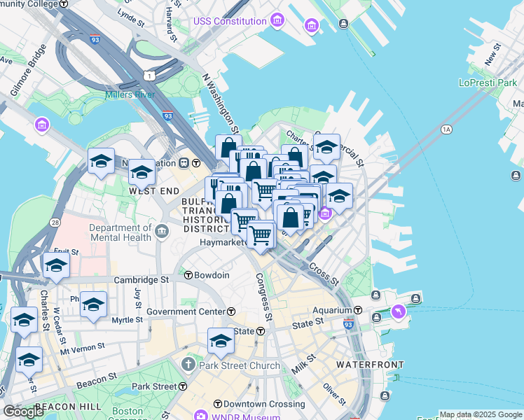 map of restaurants, bars, coffee shops, grocery stores, and more near 49 North Washington Street in Boston