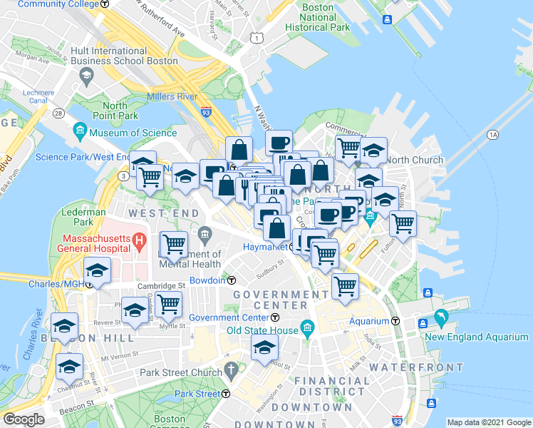 map of restaurants, bars, coffee shops, grocery stores, and more near in Boston