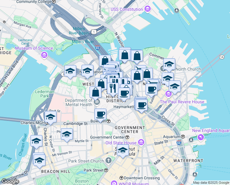 map of restaurants, bars, coffee shops, grocery stores, and more near in Boston