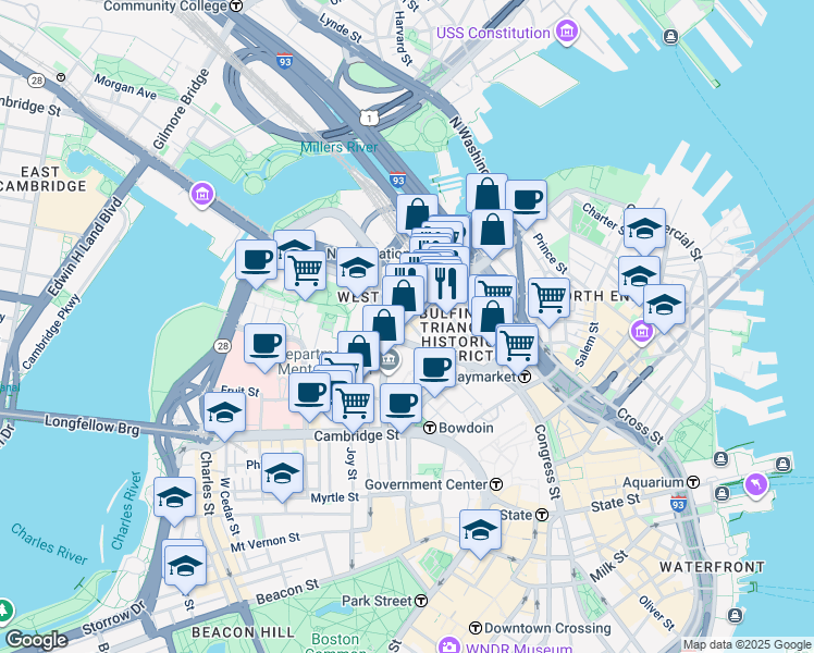 map of restaurants, bars, coffee shops, grocery stores, and more near 40 Lancaster Street in Boston