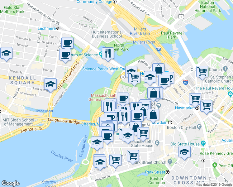 map of restaurants, bars, coffee shops, grocery stores, and more near in Boston