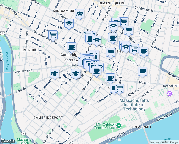 map of restaurants, bars, coffee shops, grocery stores, and more near 70 Bishop Allen Drive in Cambridge