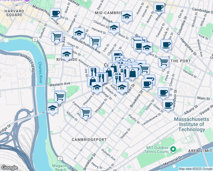 map of restaurants, bars, coffee shops, grocery stores, and more near 75 River Street in Cambridge