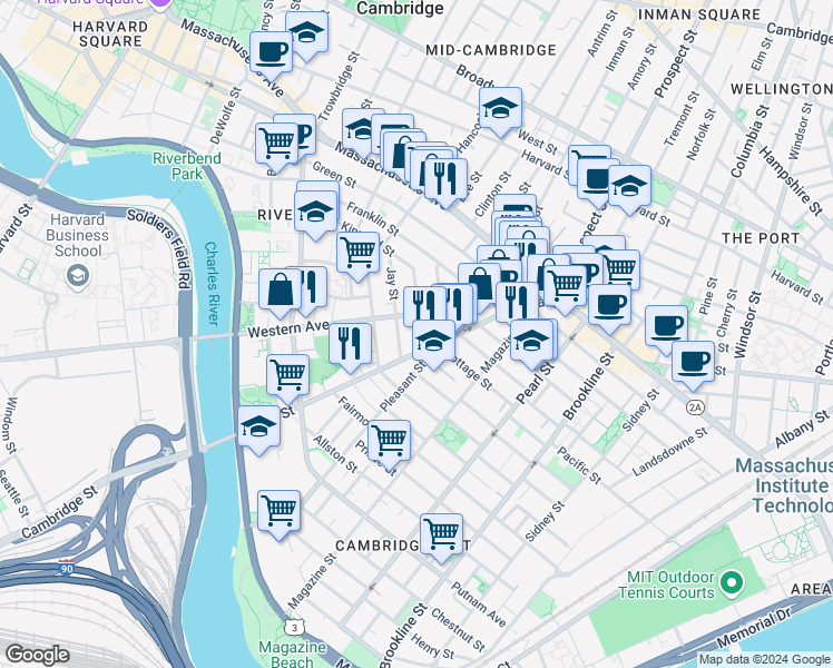 map of restaurants, bars, coffee shops, grocery stores, and more near 13 Kinnaird Street in Cambridge