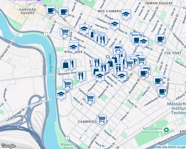 map of restaurants, bars, coffee shops, grocery stores, and more near 13 Kinnaird Street in Cambridge