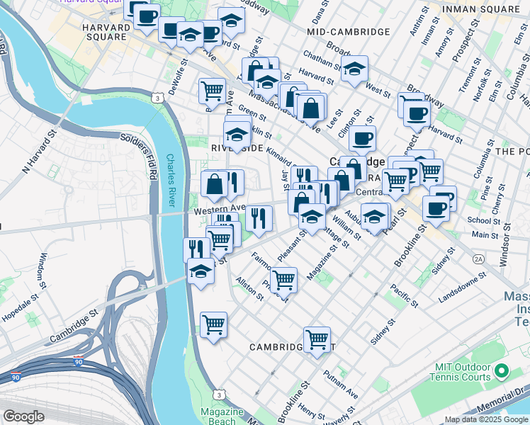 map of restaurants, bars, coffee shops, grocery stores, and more near 260 Western Avenue in Cambridge