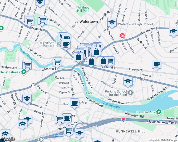 map of restaurants, bars, coffee shops, grocery stores, and more near 21 North Beacon Street in Watertown