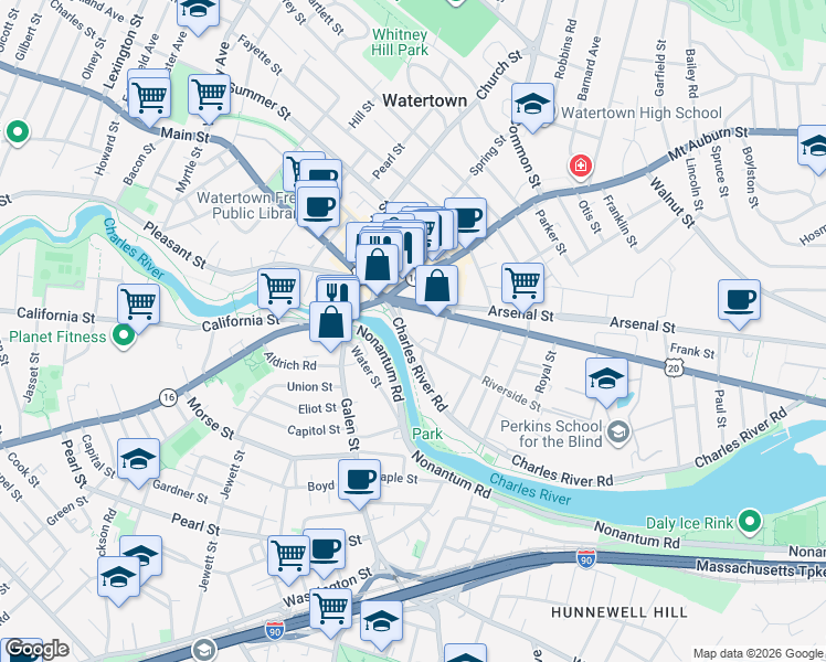 map of restaurants, bars, coffee shops, grocery stores, and more near 8 Riverside Street in Watertown