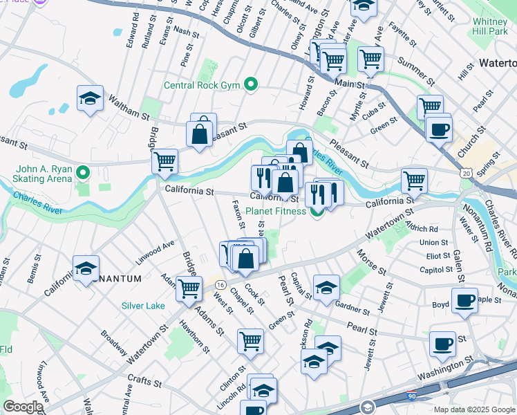 map of restaurants, bars, coffee shops, grocery stores, and more near 226 California Street in Newton