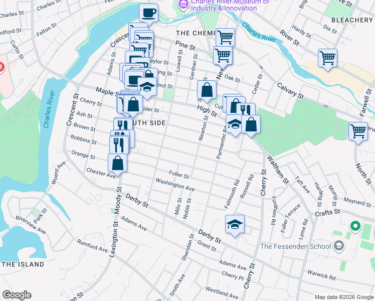 map of restaurants, bars, coffee shops, grocery stores, and more near 206 Brown Street in Waltham