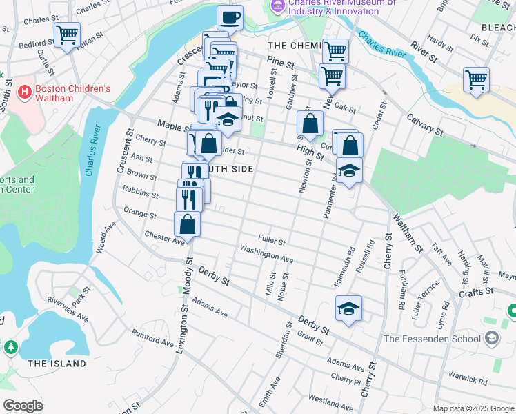 map of restaurants, bars, coffee shops, grocery stores, and more near 174 Brown Street in Waltham