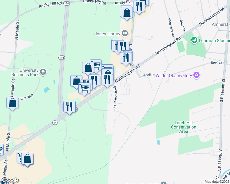 map of restaurants, bars, coffee shops, grocery stores, and more near in Amherst