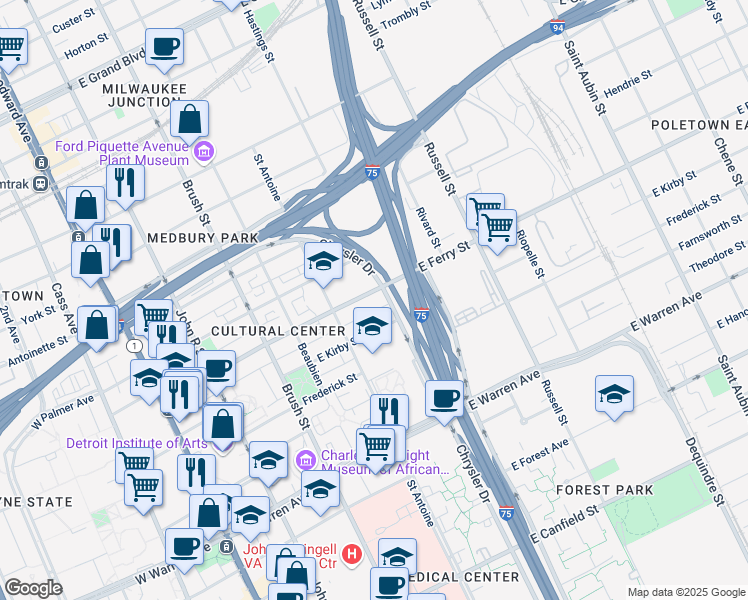 map of restaurants, bars, coffee shops, grocery stores, and more near 676 East Ferry Street in Detroit