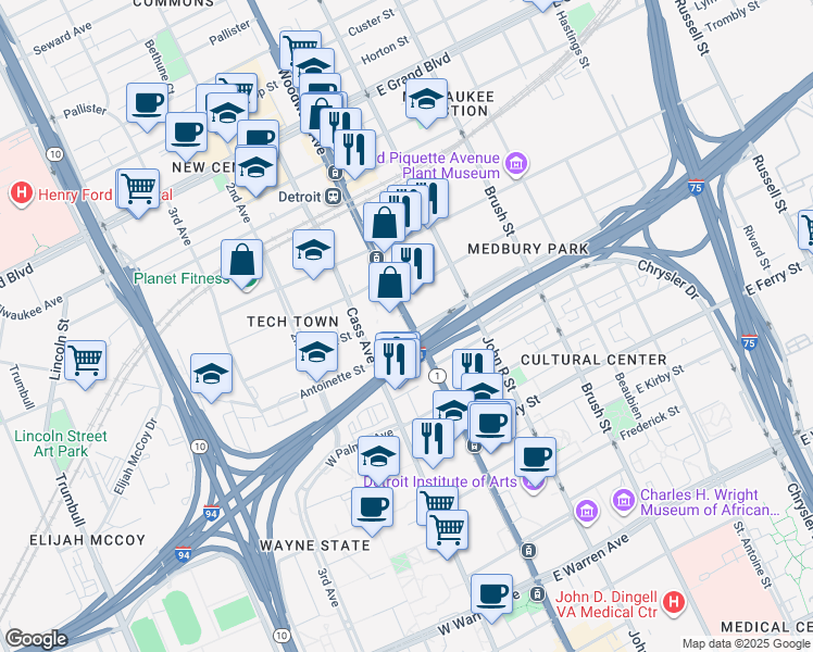 map of restaurants, bars, coffee shops, grocery stores, and more near 5955 Woodward Ave in Detroit
