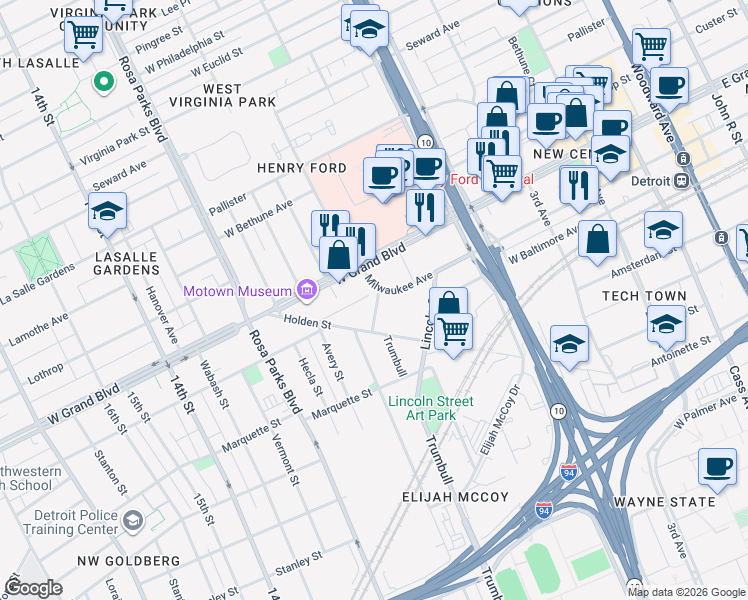 map of restaurants, bars, coffee shops, grocery stores, and more near 6492 Sterling Street in Detroit