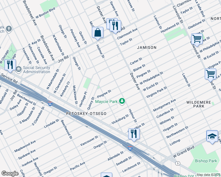 map of restaurants, bars, coffee shops, grocery stores, and more near 4057 Blaine Street in Detroit
