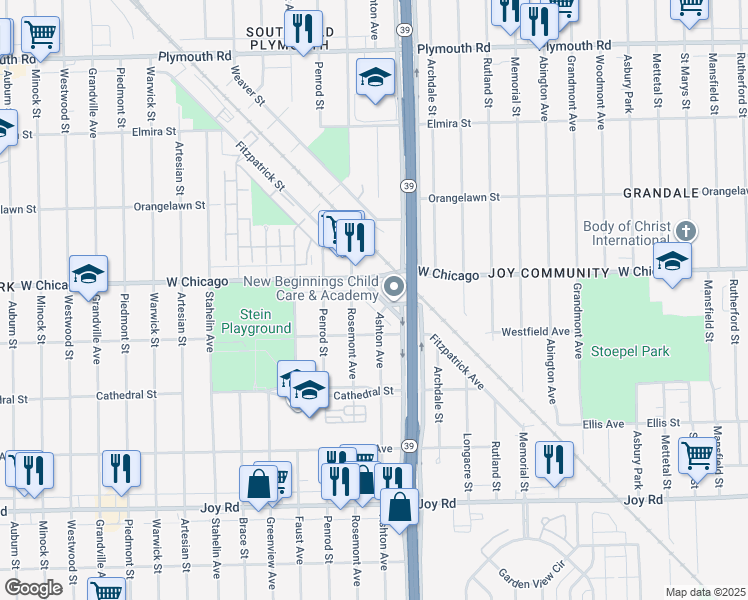 map of restaurants, bars, coffee shops, grocery stores, and more near 18251 Fitzpatrick Street in Detroit