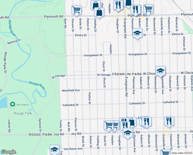 map of restaurants, bars, coffee shops, grocery stores, and more near 20513 West Chicago in Detroit