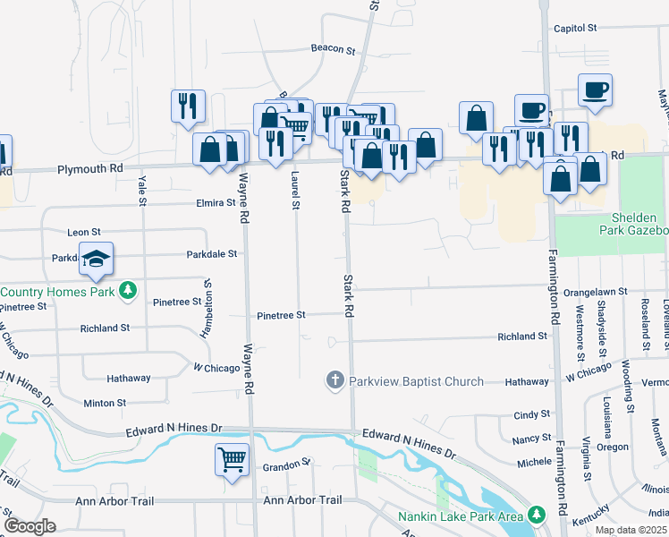 map of restaurants, bars, coffee shops, grocery stores, and more near 10529 Stark Road in Livonia