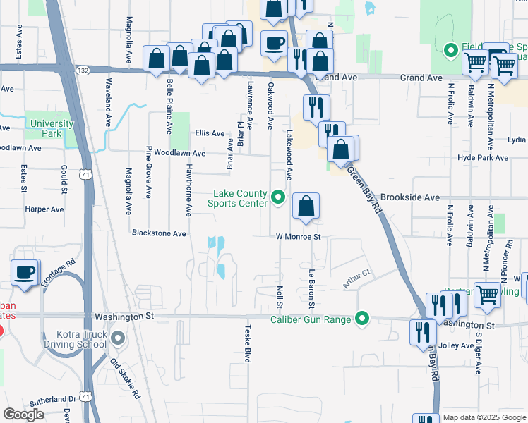 map of restaurants, bars, coffee shops, grocery stores, and more near 351 Oakwood Avenue in Waukegan