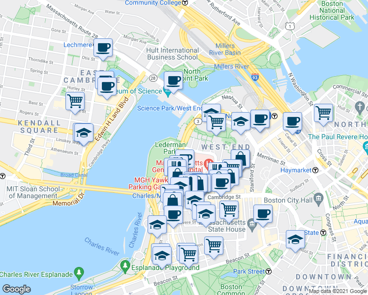 map of restaurants, bars, coffee shops, grocery stores, and more near Charles St & Blossom St in Boston