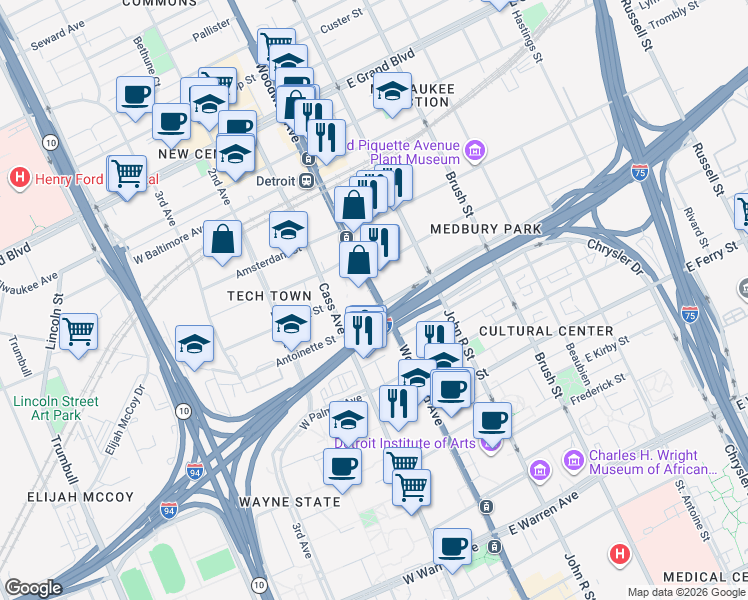map of restaurants, bars, coffee shops, grocery stores, and more near 5925 Woodward Avenue in Detroit