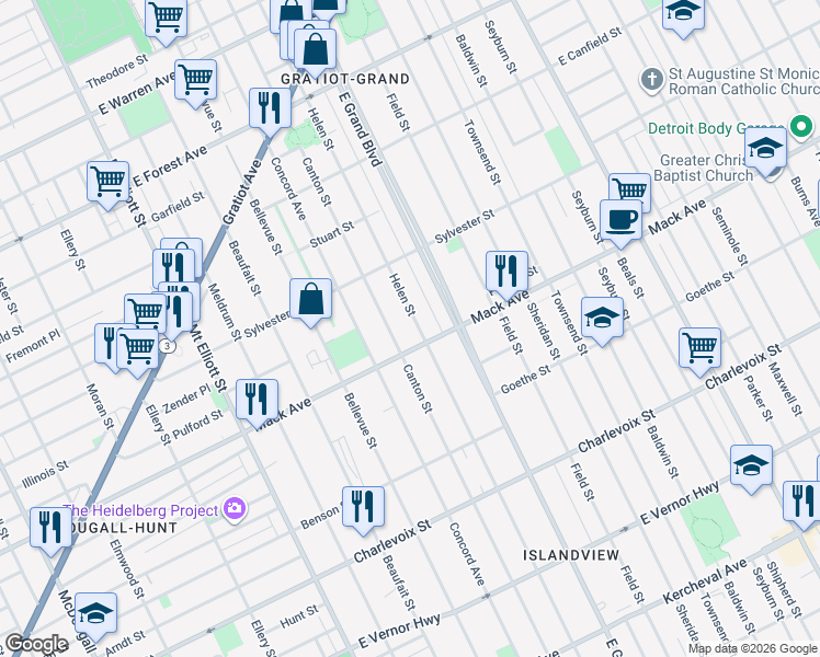 map of restaurants, bars, coffee shops, grocery stores, and more near in Detroit