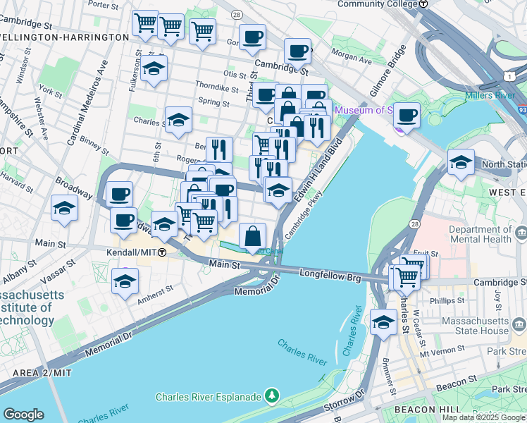 map of restaurants, bars, coffee shops, grocery stores, and more near 215 First Street in Cambridge