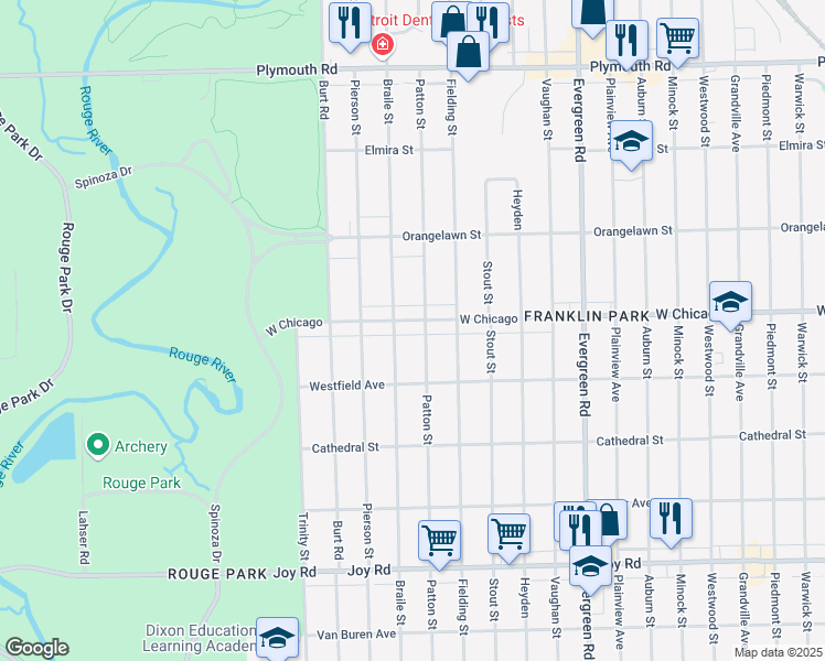 map of restaurants, bars, coffee shops, grocery stores, and more near 20611 West Chicago in Detroit