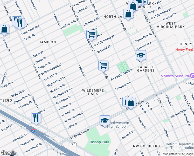 map of restaurants, bars, coffee shops, grocery stores, and more near 2681 Montgomery Avenue in Detroit