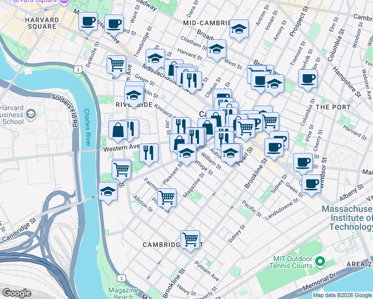 map of restaurants, bars, coffee shops, grocery stores, and more near 13 Kinnaird Street in Cambridge