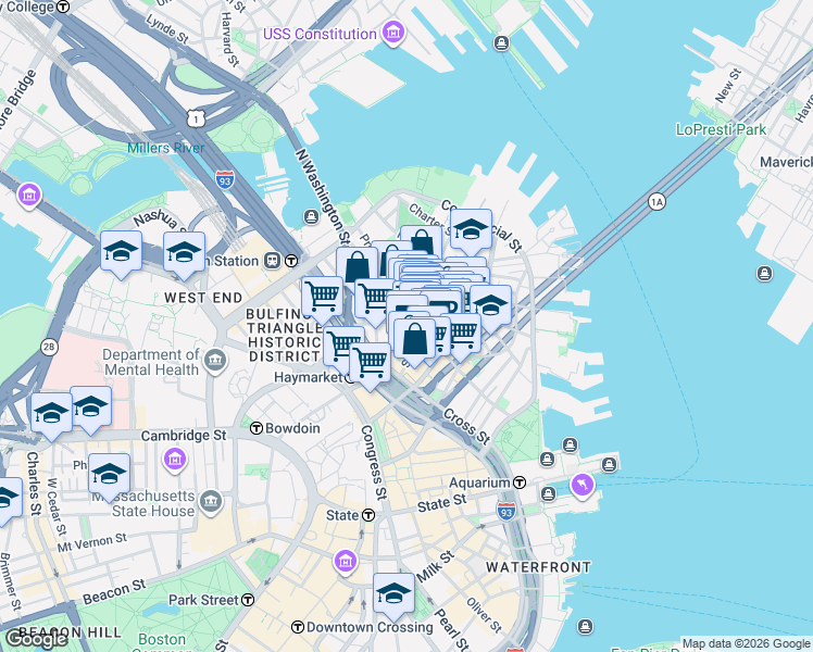 map of restaurants, bars, coffee shops, grocery stores, and more near 14 Cooper Street in Boston