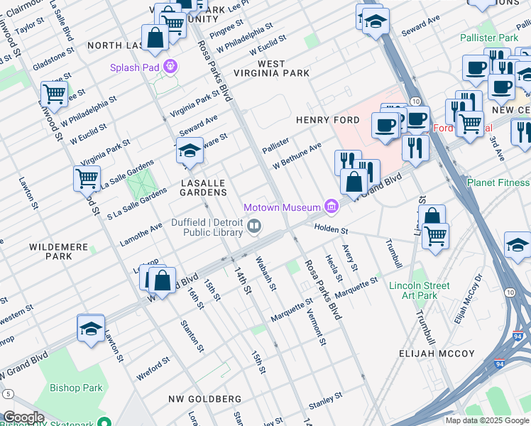 map of restaurants, bars, coffee shops, grocery stores, and more near 1943 Lothrop Street in Detroit