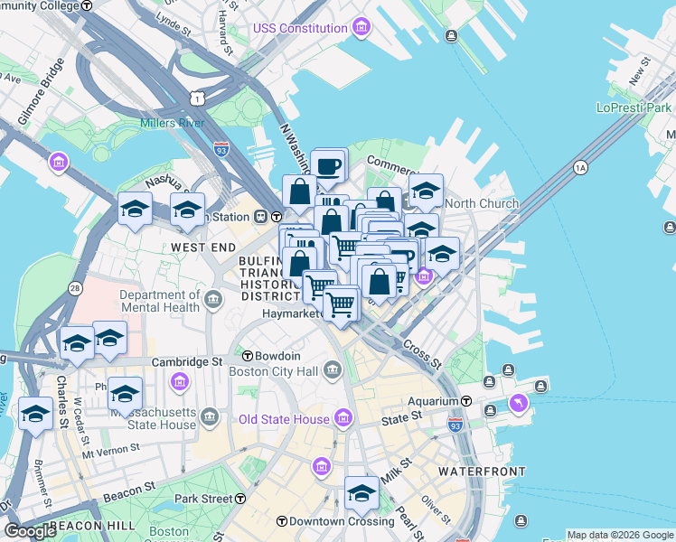 map of restaurants, bars, coffee shops, grocery stores, and more near 49 North Washington Street in Boston